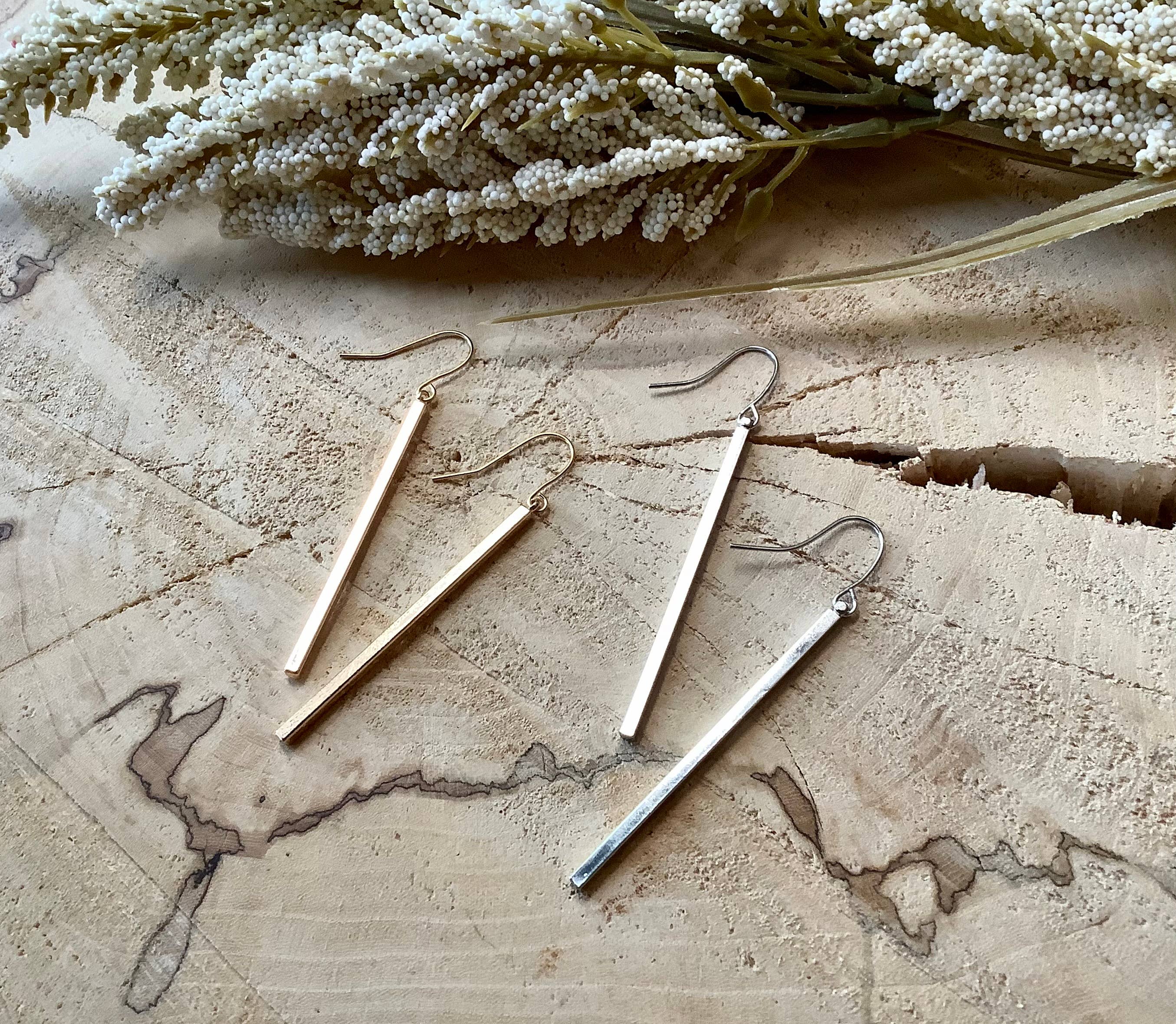 Earrings, gold or silver bar dangle earrings