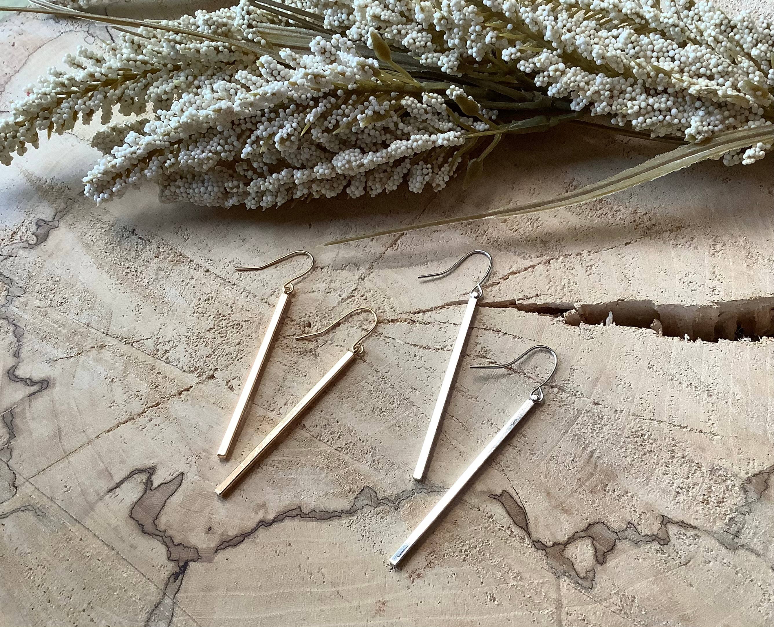 Earrings, gold or silver bar dangle earrings