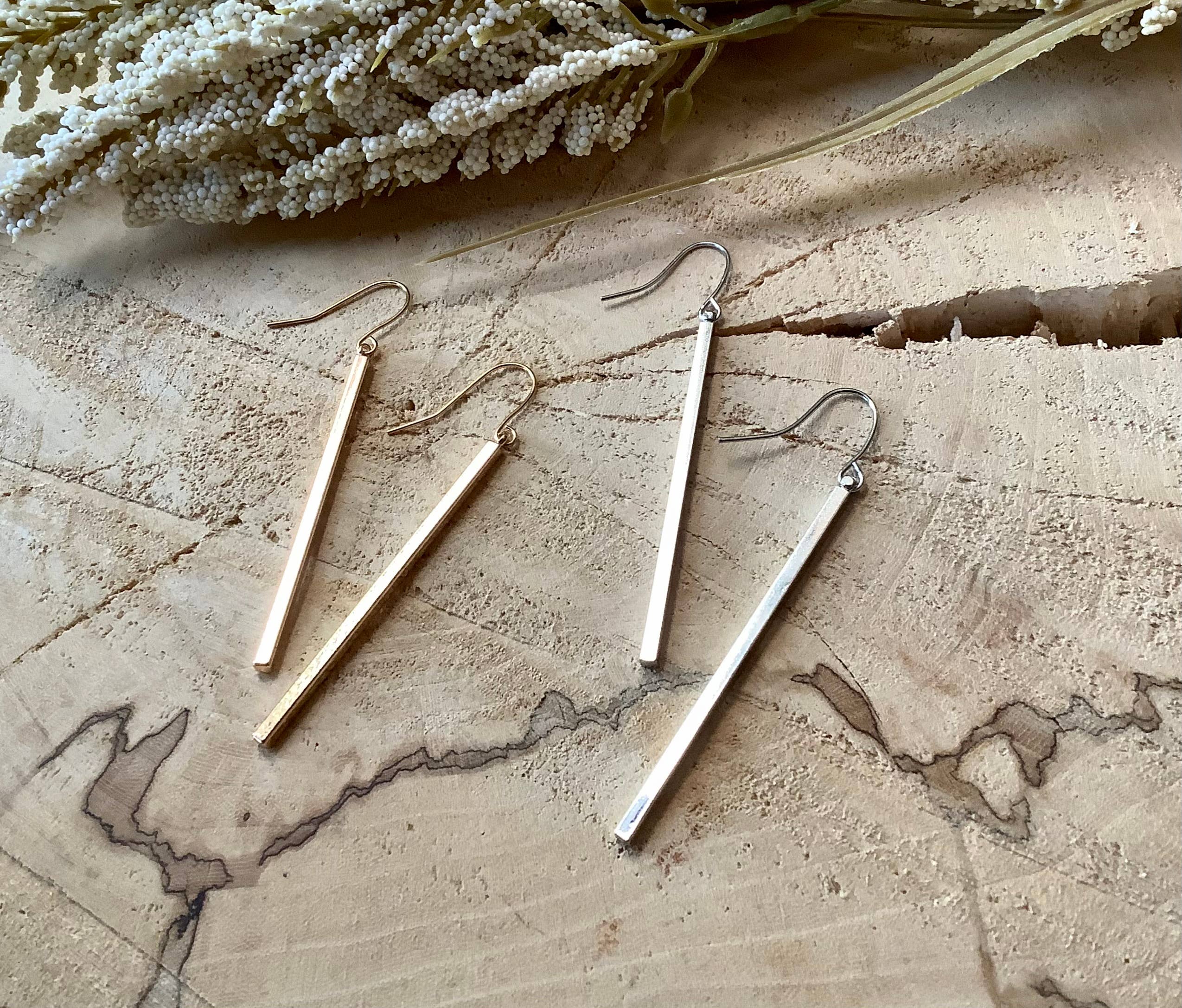 Earrings, gold or silver bar dangle earrings