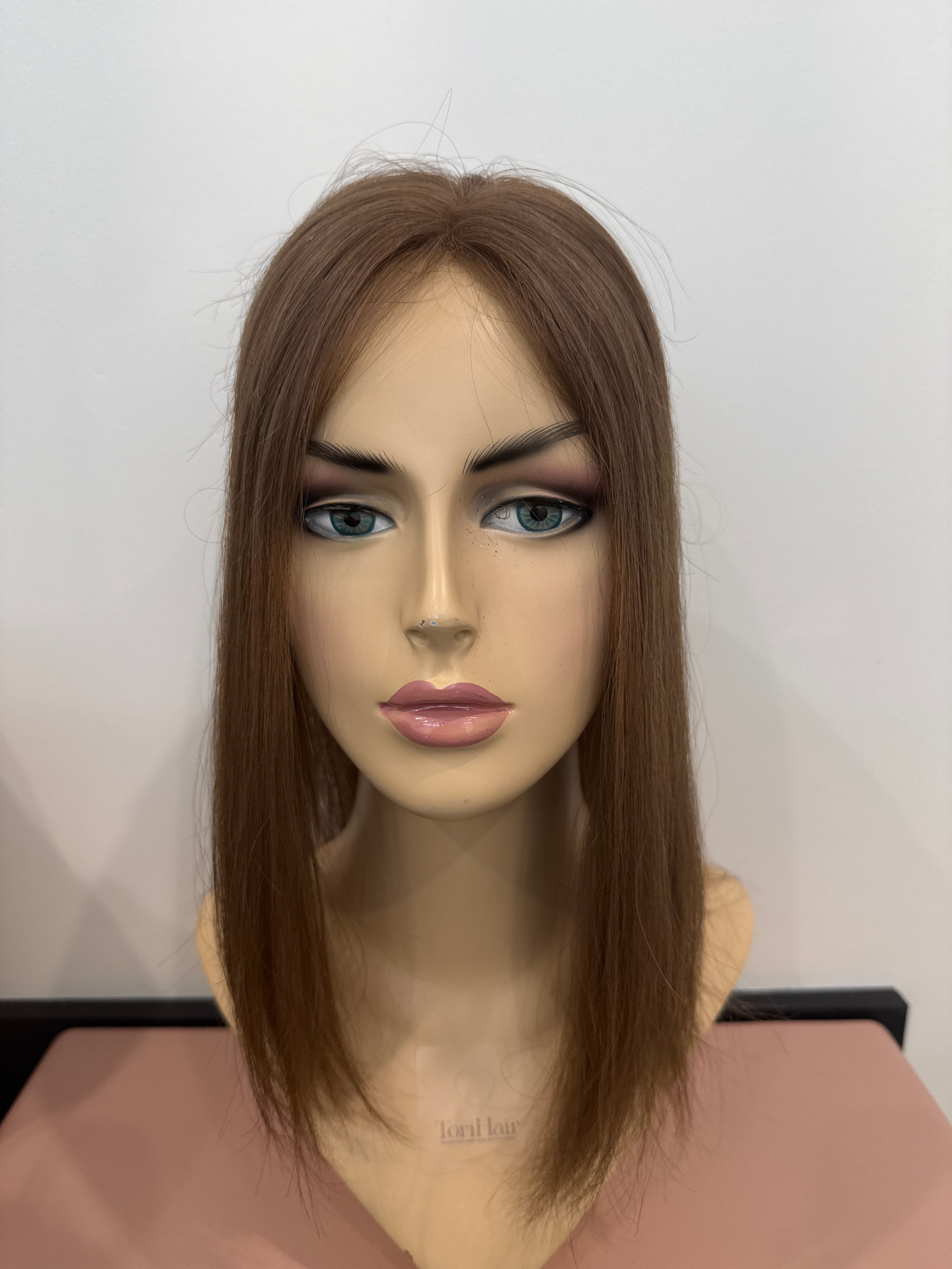 Elise Mono Hair Topper 4.75x6.5 base 14" Length color 8 medium brown