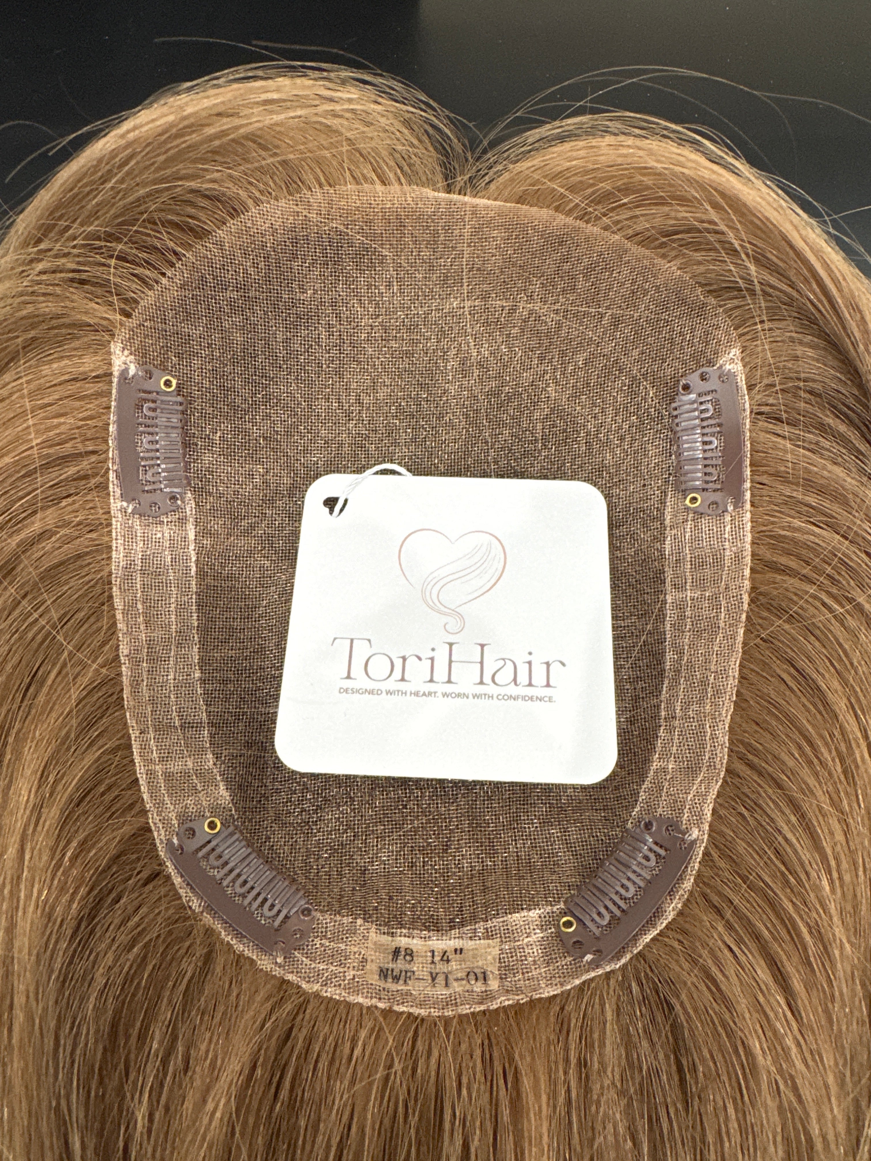 Elise Mono Hair Topper 4.75x6.5 base 14" Length color 8 medium brown