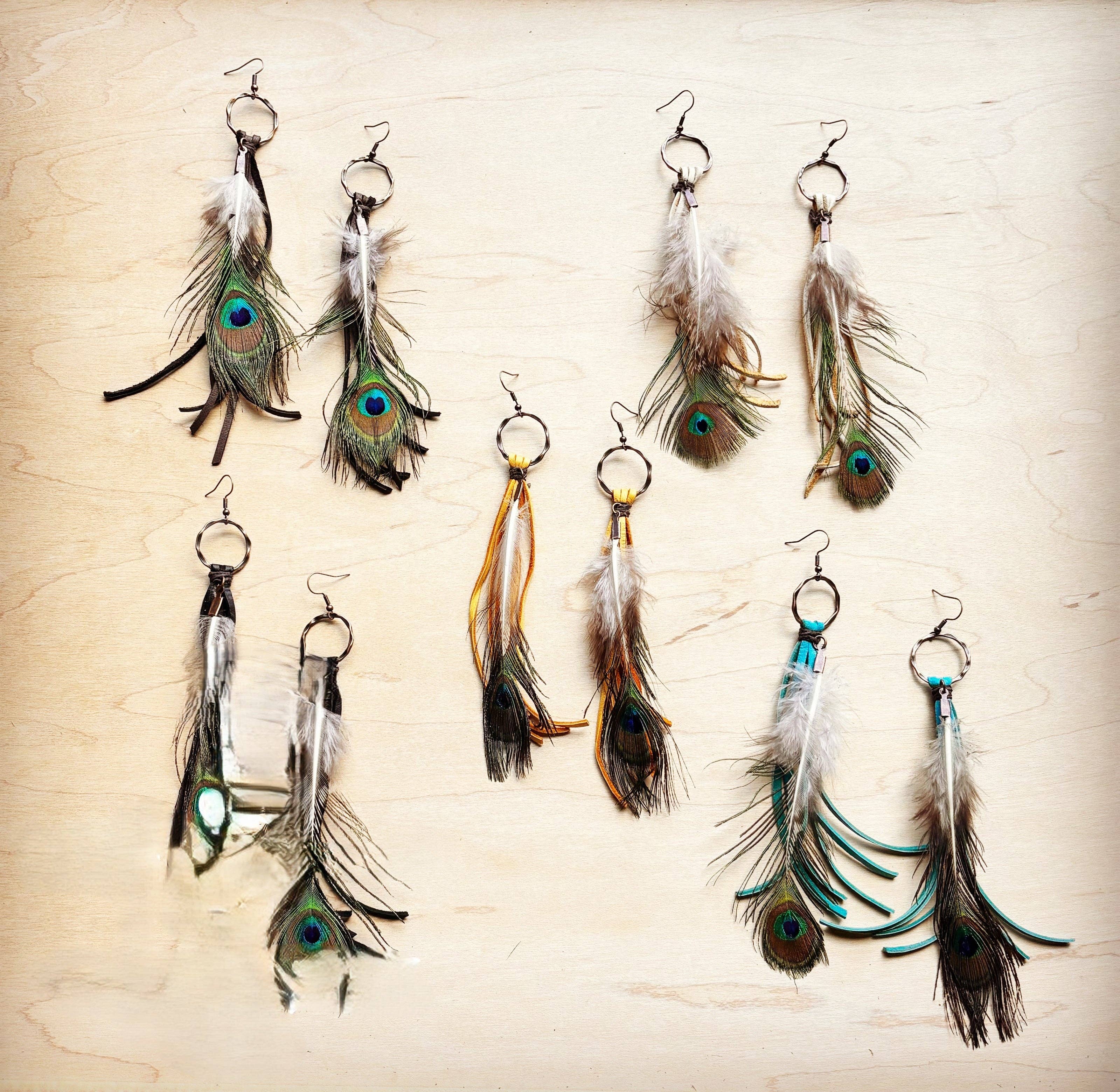 Black Deer Skin Leather Tassel Earring Peacock Feather 219j